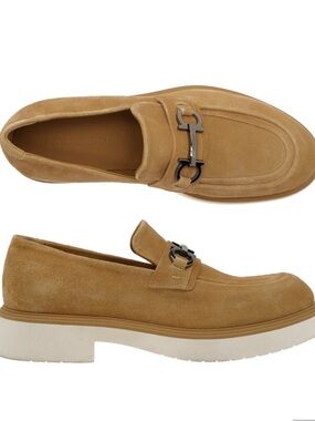 Ferragamo Fiorello 11 and 11.5 Men's Suede Tan Slip-On Loafers with Metal Bit
